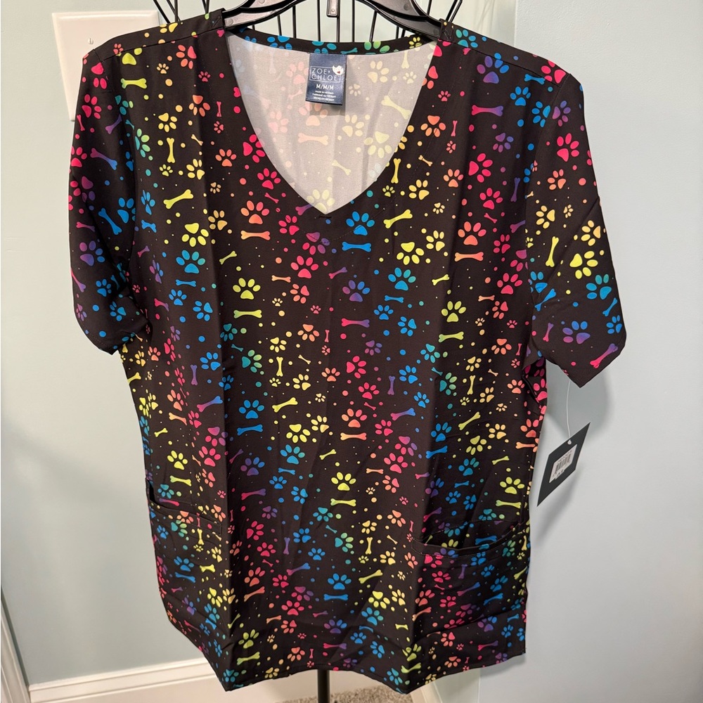 Zoe + Chloe Medium Black Ombre All Day Dog Scrub Top Women Rainbow M Paw Vet